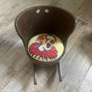 Vintage Child's Vermont Basketville Rocking Chair Wood Bucket Needlepoint Clown